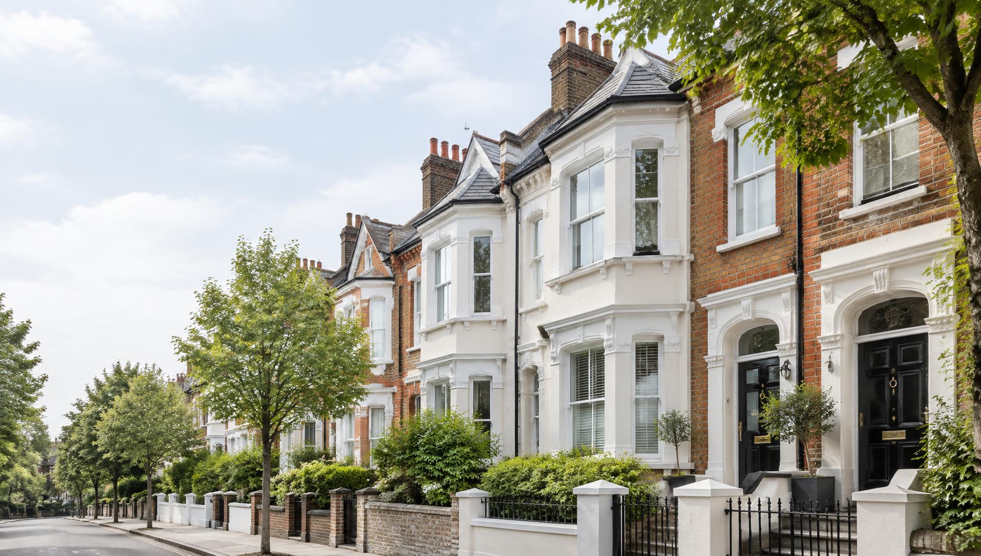 A leafy street of English terraced rental homes